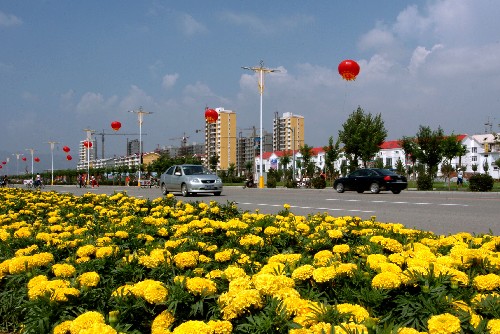 这是装扮一新的呼和浩特市成吉思汗大街(8月7日摄.