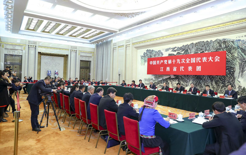 这是江西省代表团在讨论. 新华社记者 谢环驰 摄