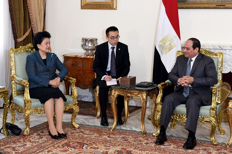 3月27日，在埃及首都开罗，中国国务院副总理刘延东（左）会见埃及总统塞西。新华社记者 赵丁喆 摄