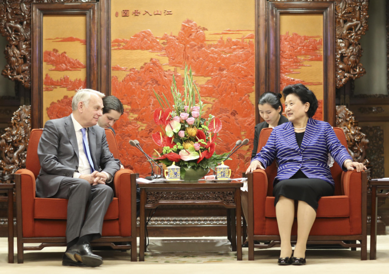 5月16日，国务院副总理刘延东在北京会见中法高级别人文交流机制法方主席、法国外长艾罗。新华社记者 丁林 摄