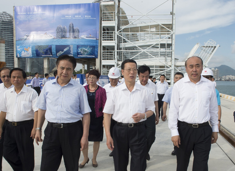这是5月24日，张高丽在海南三亚凤凰岛国际港口二期工程建设现场考察工程进展。新华社记者 王晔 摄