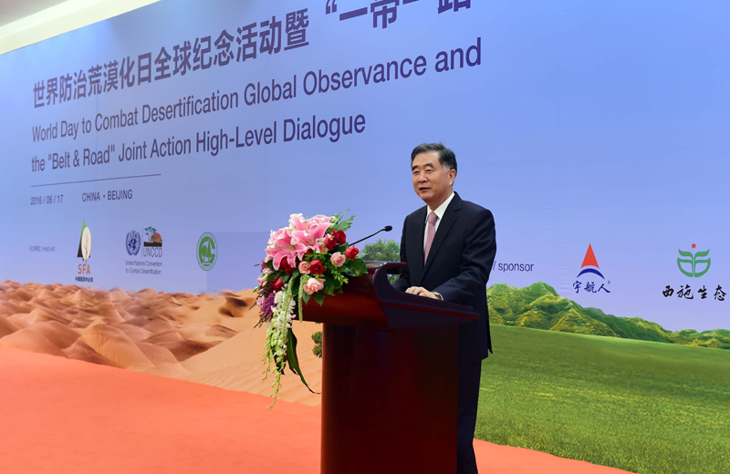 6月17日，国务院副总理汪洋在北京出席世界防治荒漠化日纪念活动暨“一带一路”共同行动高级别对话开幕式并发表主旨演讲。新华社记者张铎摄