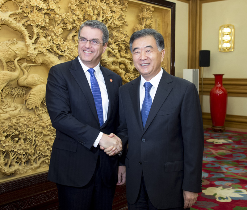 7月22日，中国国务院副总理汪洋在北京中南海会见世贸组织总干事阿泽维多。