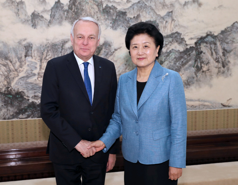 4月14日，国务院副总理刘延东在北京中南海紫光阁会见中法高级别人文交流机制法方主席、法国外交和国际发展部部长让－马克·艾罗。