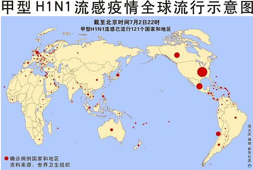 甲型h1n1流感疫情全球流行示意图