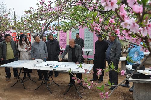 2013年4月18日,在河北省邯郸县河沙镇南街村桃花笔会上,农民书画爱好者挥毫泼墨。 美丽乡村、美丽生活是每位农村居民的愿望和目标。在新农村建设中,农村人居生活环境不断得到改善,农民的“幸福指数”不断提高,农家书屋、文化站里的人越来越多,唱歌、跳舞、运动会等文体活动越来越普及。更多的农民住上了新房子,更多的百姓过上了新生活。 新华社发(郝群英 摄)