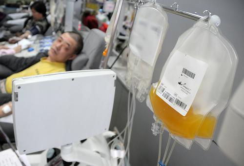 一名市民在哈尔滨市红十字中心血站捐献血小板。新华社记者 王凯 摄