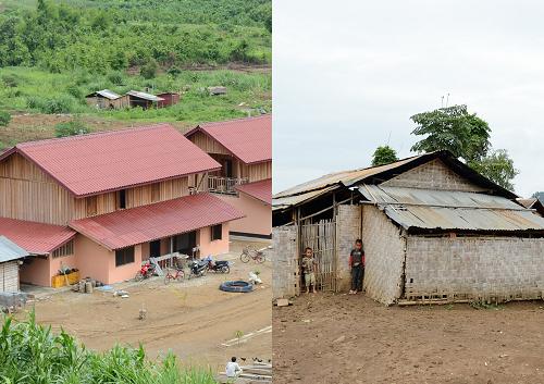 这张拼版照片显示的是老挝琅勃拉邦省孟威县帕景村的新移民村建筑（左）（2015年7月7日摄）与未搬迁前的旧房子。这个新移民村由中国电建集团老挝南欧江流域发电有限公司建设。