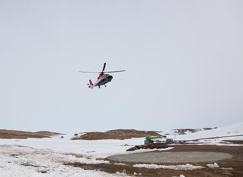 中国第32次南极科考队领导成员乘坐直升机到中山站慰问越冬队员，这是直升机缓缓降落在中山站停机坪（12月3日摄）。12月3日，“雪龙”号抵达距离中山站25公里的南极普里兹湾陆缘冰区。中国第32次南极科考队领导成员乘坐直升机先期来到中山站，向留守在中山站的18名越冬队员表示慰问。经过一年多艰苦工作，中国第31次中山站越冬队员，克服极昼极夜、酷寒、暴风雪等种种考验，圆满完成气象常规观测、高空大气物理观测、固体潮及地磁观测等科考任务。