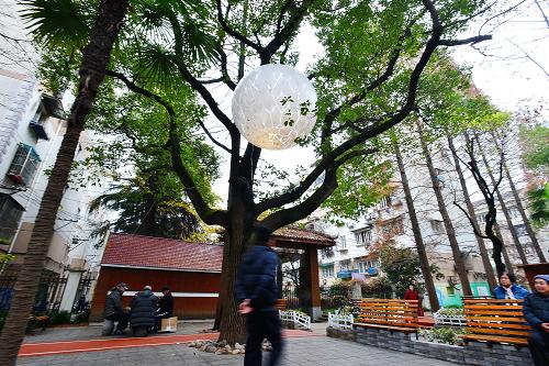 12月22日，上海市虹口区四平街道，这个名为“树晶球”的灯光装置，运用红外线感应技术，随着人群的增多亮度增强。