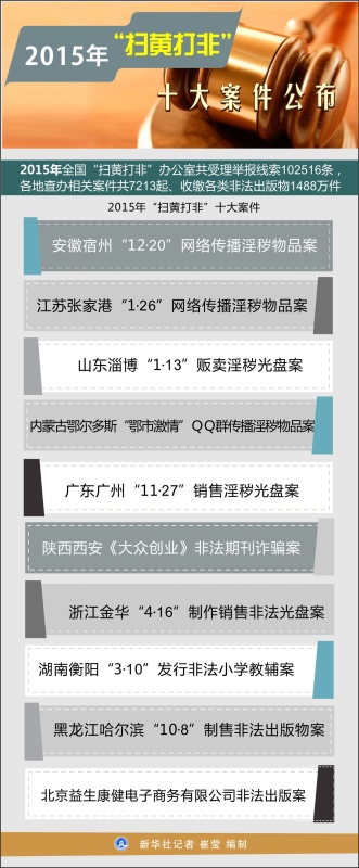 图表：2015年“扫黄打非”十大案件公布。新华社记者 崔莹 编制