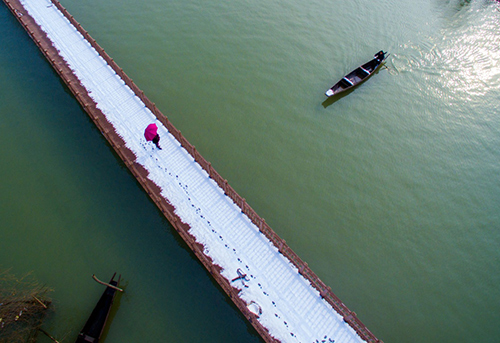 1月23日，一位游客在杭州塘栖镇丁山河村水上栈道“塘超小径”上欣赏雪后美景。