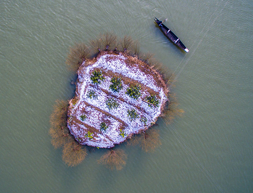 1月23日，一艘小船划过杭州塘栖镇丁山河村覆盖着白雪的水中小岛。