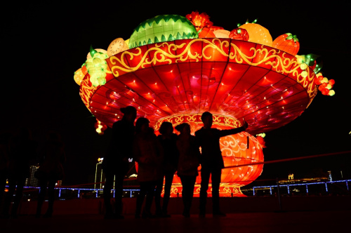 2月11日，西宁市民在花灯前合影。新华社记者 张宏祥 摄