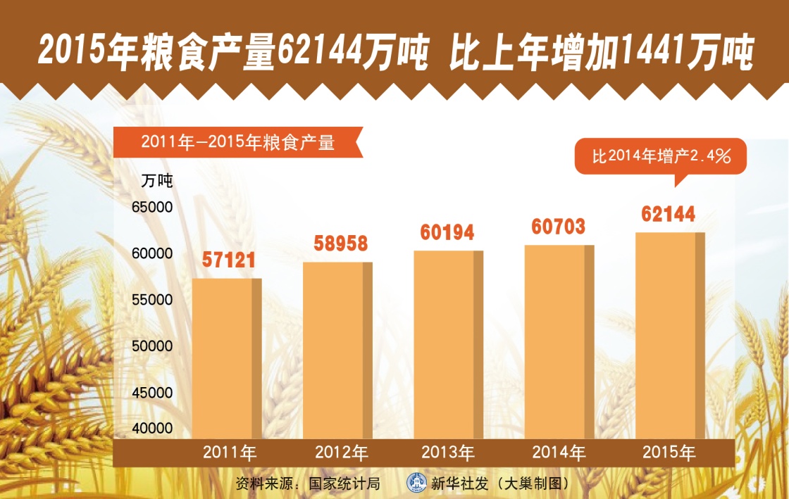 图表：2015年粮食产量62144万吨 比上年增加1441万吨  新华社发　大巢制图