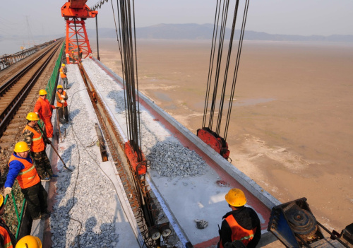 3月3日，施工人員在進行鄱陽湖特大橋架梁作業。新華社發（胡國林 攝）