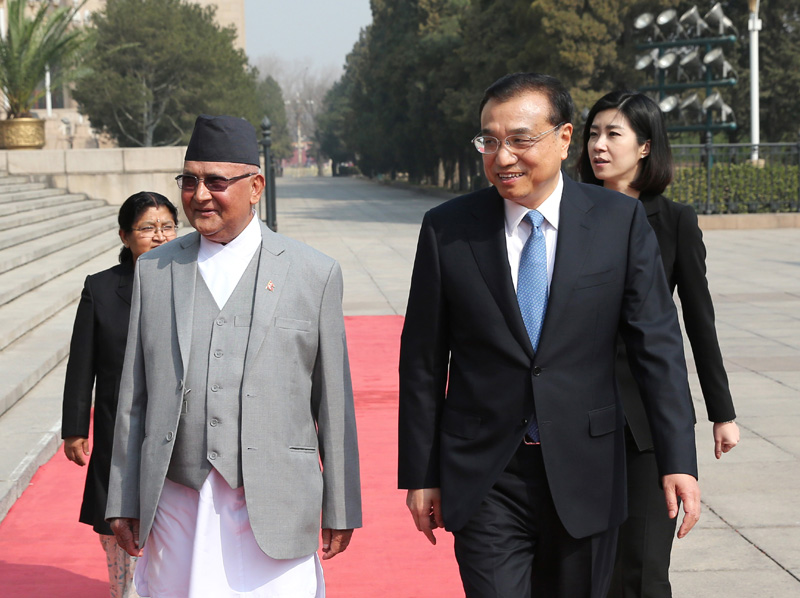 3月21日，国务院总理李克强在北京人民大会堂同来华进行正式访问并将出席博鳌亚洲论坛2016年年会的尼泊尔总理奥利举行会谈。