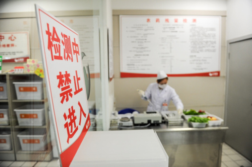3月27日，齐齐哈尔市大润发超市建华店“快检点”的检测人员在对当日新进蔬菜进行抽样检测。新华社记者 王松 摄