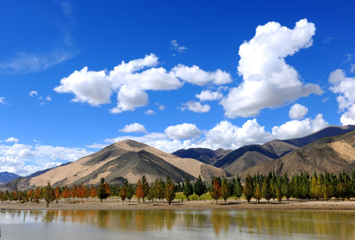 在日喀则境内的雅江流域，蓝天白云下，生态屏障建设初见成效（2012年9月10日摄）。新华社记者 陈天湖 摄