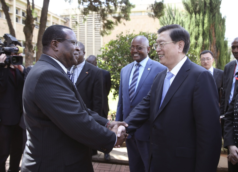 这是3月24日，张德江在肯尼亚首都内罗毕与肯尼亚参议长埃苏罗举行会谈。新华社记者 马占成 摄