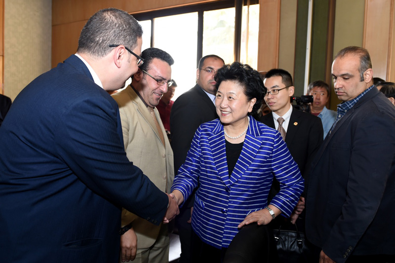 3月28日，在埃及首都开罗，中国国务院副总理刘延东（中）与“杰出青年科学家来华工作计划”埃及获资助的青年科研人员代表握手。