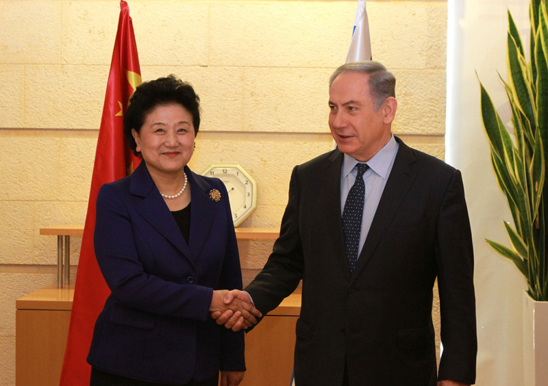 3月29日，中国国务院副总理刘延东（左）在耶路撒冷会见以色列总理内塔尼亚胡。
