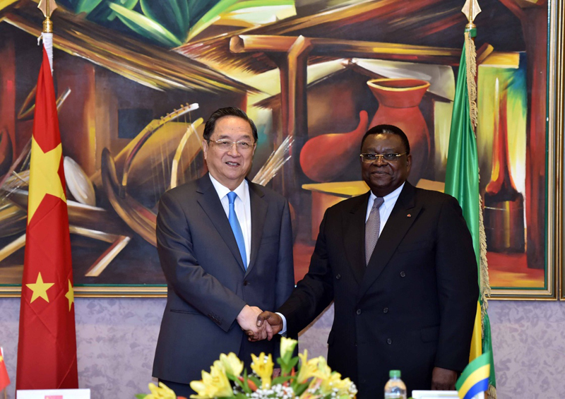 4月12日，正在加蓬进行正式友好访问的全国政协主席俞正声在利伯维尔会见加蓬国民议会议长奥努维耶。
