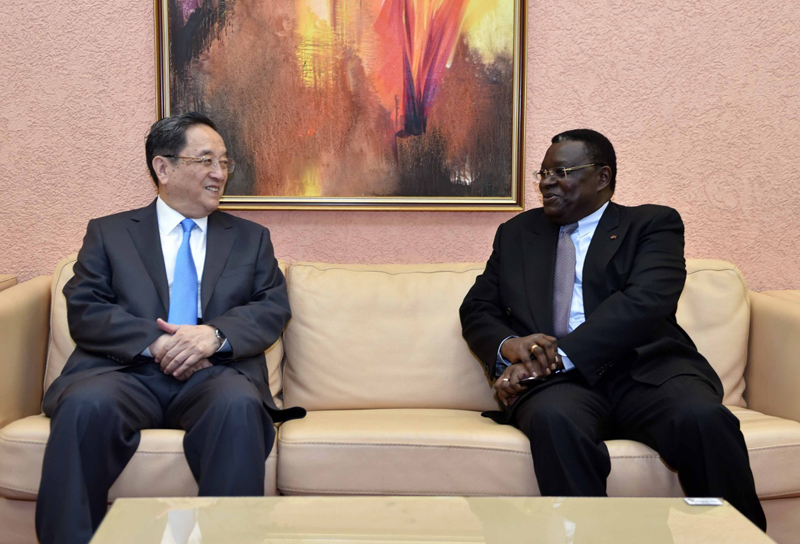 4月12日，正在加蓬进行正式友好访问的全国政协主席俞正声在利伯维尔会见加蓬国民议会议长奥努维耶。