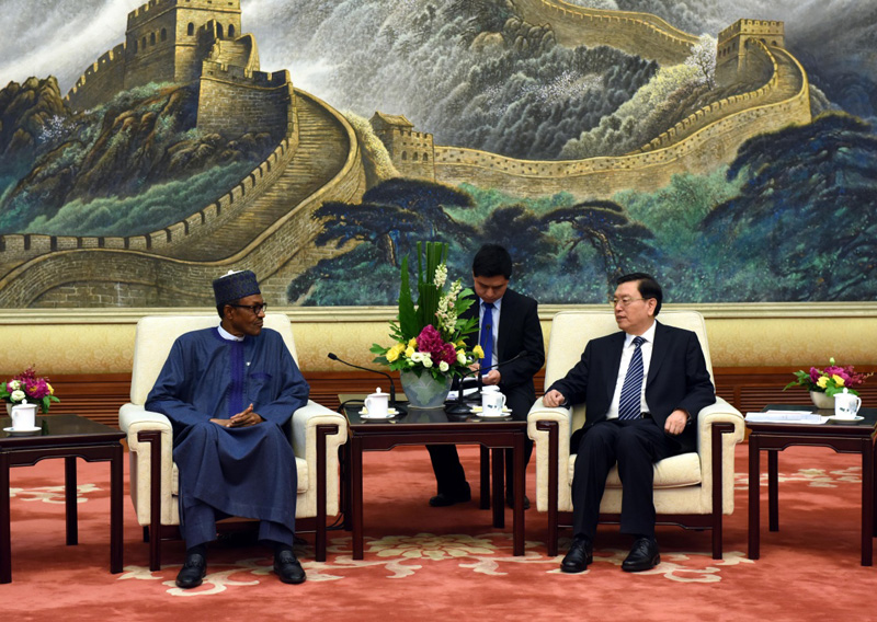 4月13日，全国人大常委会委员长张德江在北京人民大会堂会见尼日利亚总统布哈里。