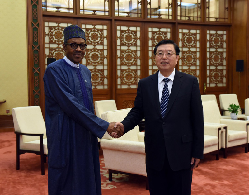 4月13日，全国人大常委会委员长张德江在北京人民大会堂会见尼日利亚总统布哈里。