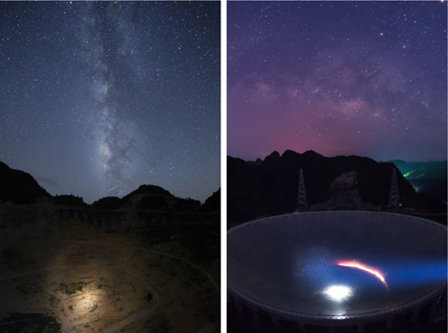 拼版照片：左图为2013年8月28日拍摄的FAST夜景（国家天文台FAST项目团队提供）；右图为2016年6月27日拍摄的FAST夜景（新华社记者刘续摄）。新华社发