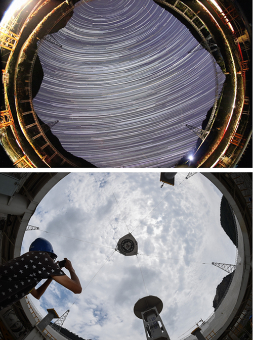 拼版照片：上图为2014年8月21日从FAST馈源舱处拍摄的天空（国家天文台FAST项目团队提供）；下图为2016年6月28日从FAST馈源舱处拍摄的天空（新华社记者欧东衢摄）。新华社发