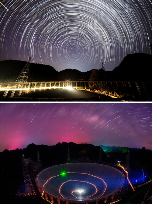 拼版照片：上图为2014年9月1日拍摄的FAST夜景（国家天文台FAST项目团队提供）；下图为2016年6月27日拍摄的FAST夜景（新华社记者欧东衢摄）。新华社发