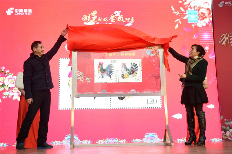 1月5日，嘉宾在重庆杨家坪步行街举行的首发仪式上为鸡年特种邮票《丁酉年》揭幕。