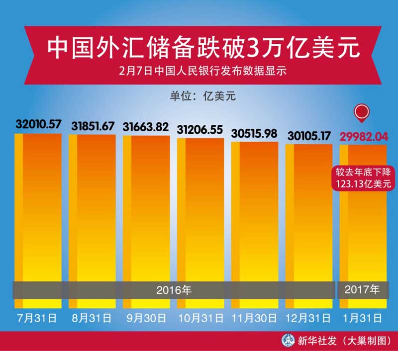 图表:中国外汇储备跌破3万亿美元_图解图表_中