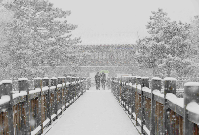 当日，河北承德迎来立春后首场降雪，避暑山庄被白雪覆盖，美如画卷。