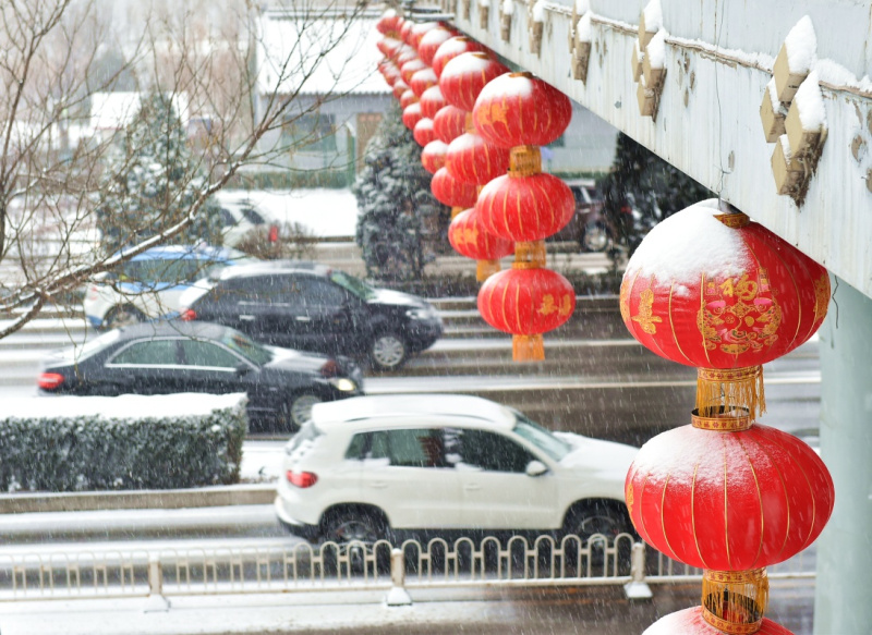 2月21日，大雪飘落在太原市滨河东路路边的灯笼上。