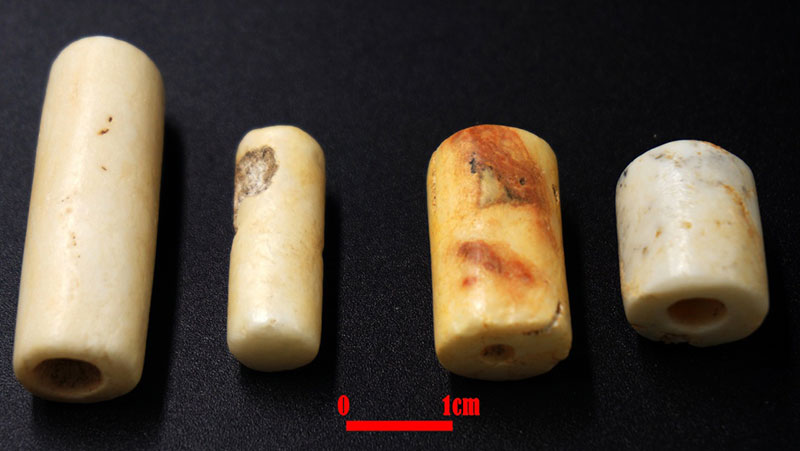 这是宁夏青铜峡鸽子山遗址出土的方解石穿孔装饰品（资料照片）。