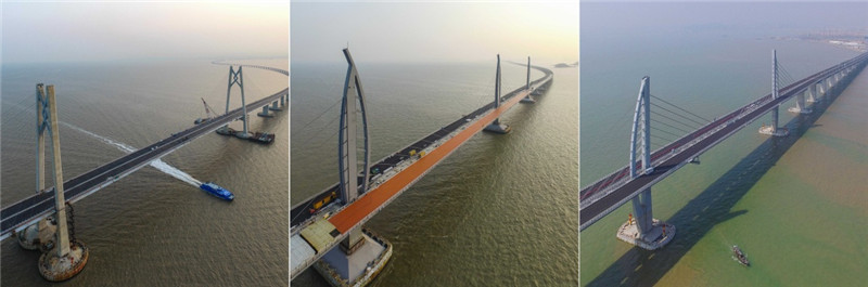 从左至右分别是港珠澳大桥位于青州航道的“中国结”桥塔、江海航道的海豚桥塔和九洲航道的风帆桥塔（4月28、29日摄）。
