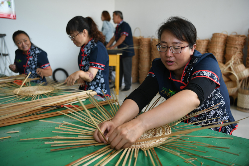 8月23日,刘金萍(右)为残疾员工李晓红手把手传授柳编技术。 今年48岁的刘金萍是山西省大同市广灵县斗泉乡后山窑村村民,自幼喜欢编织。2005年,刘金萍带领村里13名妇女,从一个手工作坊做起,不断为当地农村妇女提供免费培训和就业平台,并于2016年成立巧娘宫手工编织专业合作社,基本实现了家门口办厂、培训一人就业一人的目标,直接带动645名贫困妇女脱贫增收。 新华社记者 陶明 摄 8月23日,斗泉乡黑土坪村贫困户高润娥(右一)在巧娘宫手工编织专业合作社编织工艺品,每天收入50元左右。 今年48岁的刘金