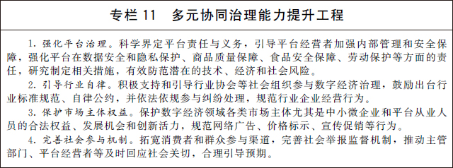 完善多元共治新格局。建立完善政府、平台、企业、行业组织和社会公众多元参与、有效协同的数字经济治理新格局，形成治理合力，鼓励良性竞争，维护公平有效市场。