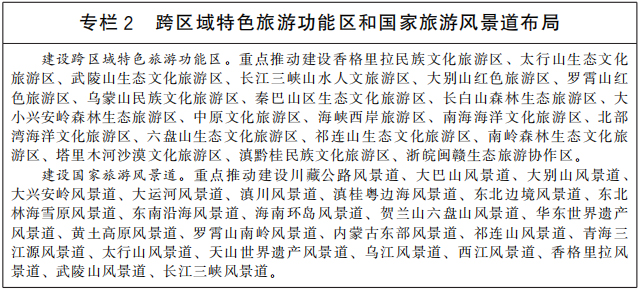 综合考虑文脉、地脉、水脉、交通干线和国家重大发展战略，统筹生态安全和旅游业发展，以长城、大运河、长征、黄河国家文化公园和丝绸之路旅游带、长江国际黄金旅游带、沿海黄金旅游带、京哈—京港澳高铁沿线、太行山—武陵山、万里茶道等为依托，构建点状辐射、带状串联、网状协同”的全国旅游空间新格局。健