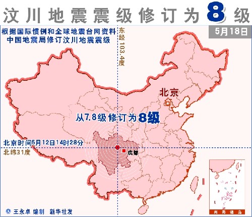 中国地震局将汶川地震震级从7.8级修订为8.0级