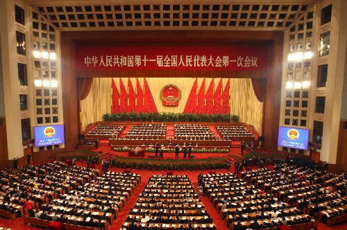 十一届全国人大一次会议举行第三次全体会议 3月10日,十一届全国人大一次会议在北京人民大会堂举行第三次全体会议。这是大会会场。 新华社记者姚大伟摄