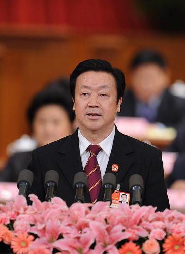 3月11日,十一届全国人大四次会议在北京人民大会堂举行第三次全体会议。最高人民法院院长王胜俊作最高人民法院工作报告。新华社记者 李涛 摄