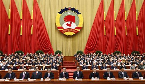 3月3日,中国人民政治协商会议第十二届全国委员会第一次会议在北京人民大会堂开幕。这是胡锦涛、习近平、吴邦国、温家宝、贾庆林、李克强、张德江、刘云山、王岐山、张高丽在主席台就座。新华社记者 鞠鹏 摄
