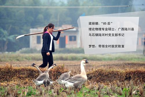 梁丽娜,广西陆川县乌石镇陆河村党支部书记,“85后”女硕士,第十二届全国人大代表。2011年7月,梁丽娜从广西师范大学理论物理专业研究生毕业后,辞掉城市里的工作,回到家乡做起了村干部。一年后,在村支部换届选举中,梁丽娜全票当选党支部书记。她的梦想是带领全村脱贫致富。作为年轻的全国人大代表,梁丽娜关注农村环境治理和生活垃圾处理,呼吁国家加大对农村环境治理的投入力度,建设“美丽乡村”。她还关注农村的“隔代教育”现象,希望为农村留守儿童的成长做些实事。这是2月25日,梁丽娜走在田野上。新华社记者 黄孝邦 摄