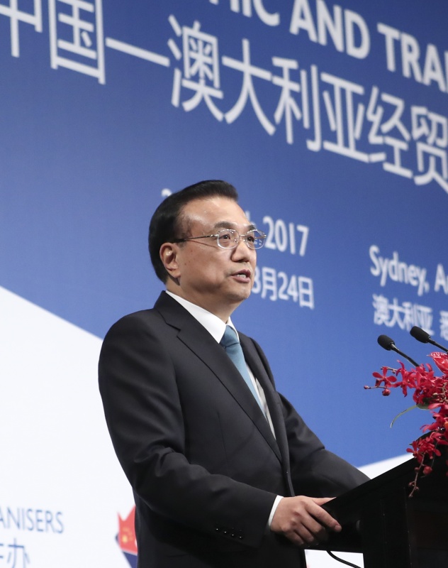 当地时间3月24日，国务院总理李克强在悉尼与澳大利亚总理特恩布尔共同出席中澳经贸合作论坛并发表演讲。