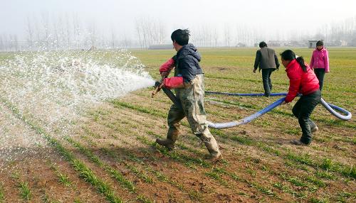 2月1日,安徽淮北市濉溪县铁佛镇铁佛村一户村民在麦地旁的大沟边架起了从亲戚家借来的水泵,忙着抗旱。安徽省防汛抗旱指挥部近日发布旱情通报介绍,去年10月下旬以来,安徽合肥以北地区,特别是淮北地区降雨严重偏少,发生了严重旱情。据统计,安徽省受旱面积已经达到2417万亩,其中严重受旱面积1200多万亩。目前,安徽省掀起抗旱保苗新高潮,最大限度减轻旱灾造成的损失。新华社发(李博摄)