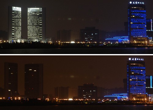 这张拼版照片显示的是灯光熄灭前后的合肥市政务大楼(画面左侧,3月28日摄)。3月28日,世界自然基金会倡导的“地球一小时”活动得到全世界80多个国家和地区响应,该活动旨在呼吁更多的人关注地球气候变化。我国的北京、上海、香港等许多城市也加入到这一活动中。新华社记者 李健 摄